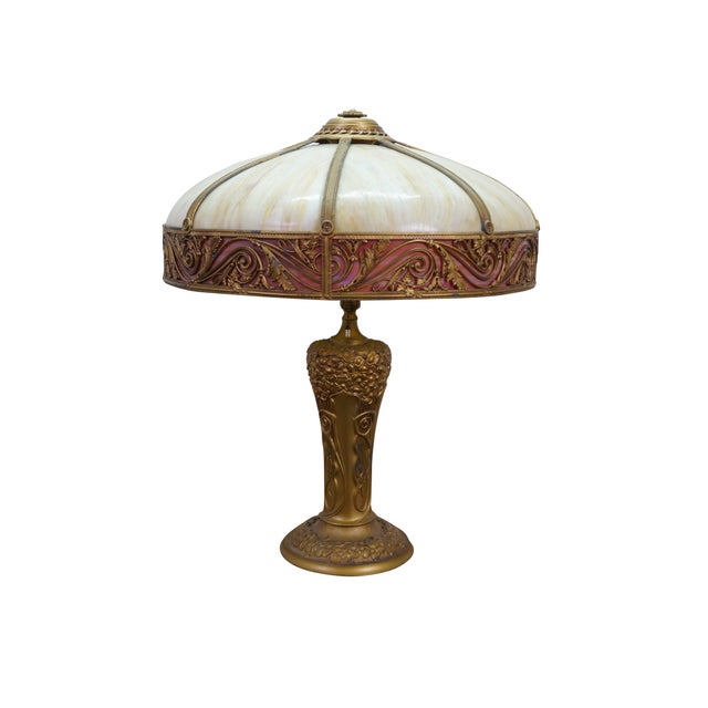 Antique Victorian Charles Parker Company slag glass lamp featuring Art Nouveau design with a domed shade, gilded metal...