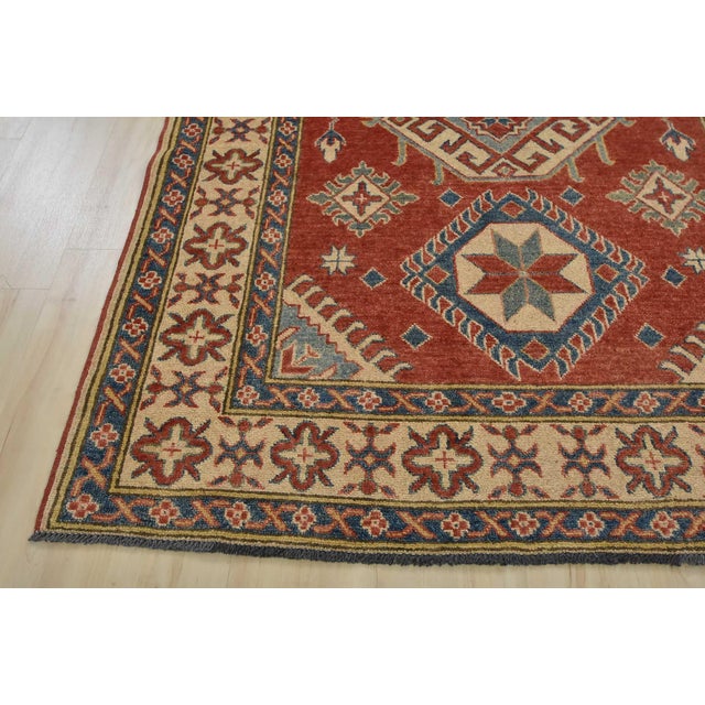 Kazak Rug 4'5'' X 5'6'' Red Wool Tribal Geometric Hand-Knotted Oriental Carpet For Sale - Image 9 of 12