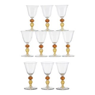 Mid 20th Century Murano Glass Wine Glasses With Ribbed Gold-Leaf Stems, Set of Ten For Sale