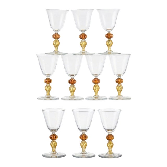 Mid 20th Century Murano Glass Wine Glasses With Ribbed Gold-Leaf Stems, Set of Ten For Sale