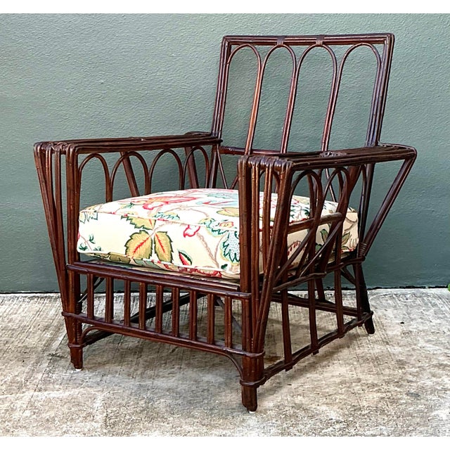Mid 20th Century Vintage Stick Rattan Lounge Chair in Vintage Schumacher Paisley For Sale - Image 5 of 12