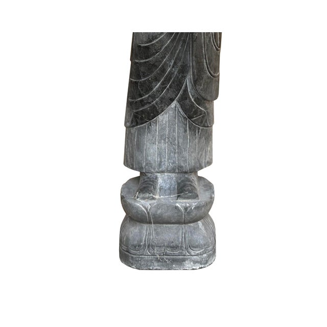 Stone Chinese Weathered Black Gray Patina Stone Standing Monk Luohan Arhat Statue For Sale - Image 7 of 13