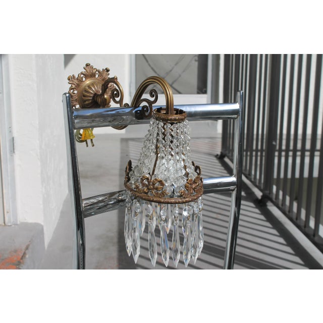 c1890 French Antique Napoleon III Bronze with Cascading Cut Crystal Beaded Wall Lamp/ Sconce. Lantern style. Ribbon motif....