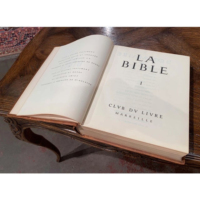 Brown Midcentury French Leather Bound Two-Volume Holy Bible Dated 1953 For Sale - Image 8 of 13