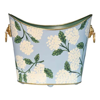 Matthew Izzo Home Wastebasket - Hydrangea Handpainted Oval Metal With Goldtone Lionhead Handles For Sale