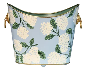 Matthew Izzo Home Wastebasket - Hydrangea Handpainted Oval Metal With Goldtone Lionhead Handles