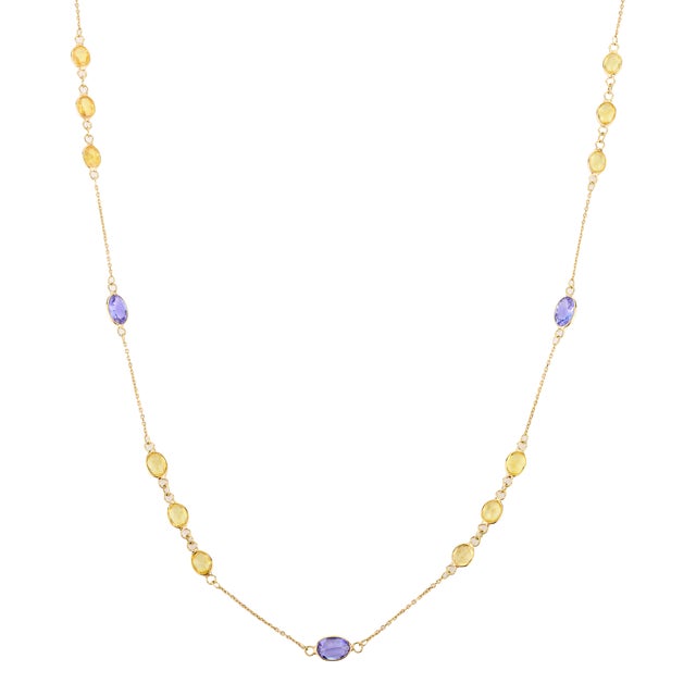 Multi Gemstone Station Chain Necklace in 18k Yellow Gold For Sale