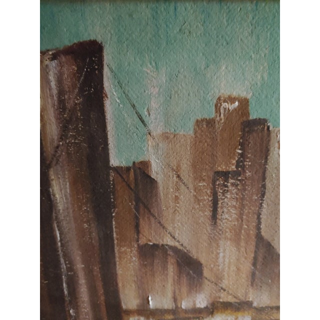 Mid-Century Modern 1950s Skyline Cityscape Oil on Board Painting, Framed For Sale - Image 3 of 6
