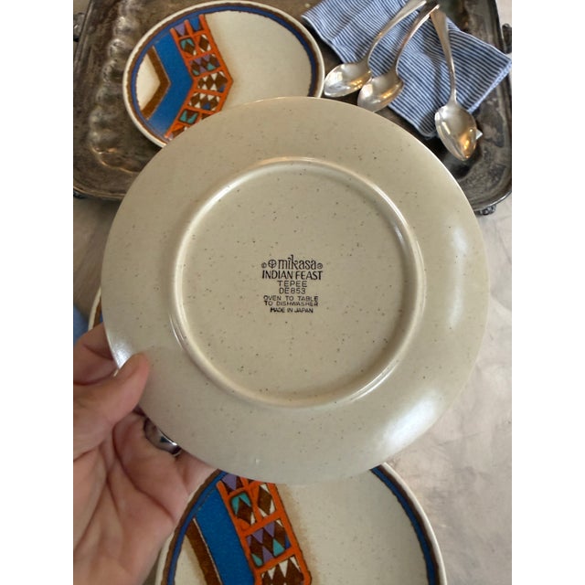 Royal Blue 1970s Mikasa Indian Feast Teepee Salad Plates 7.5 Inch Stoneware Japan - Set of 4 For Sale - Image 8 of 11