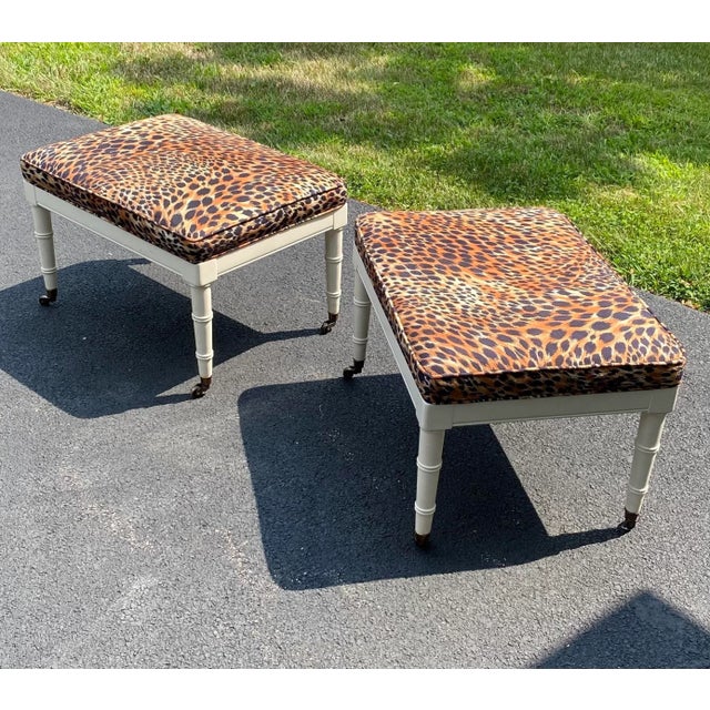 Contemporary Late 20th Century Vintage Leopard Ottomans With Brass Castors - a Pair For Sale - Image 3 of 12