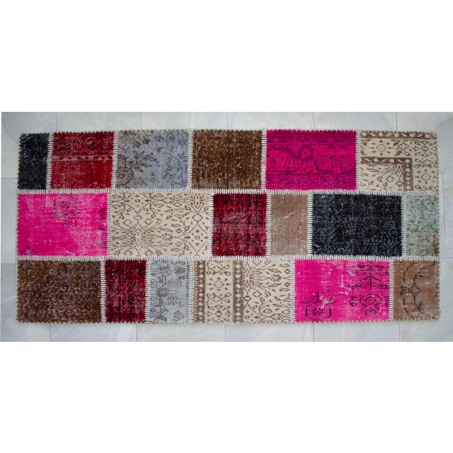 Hand-Knotted Turkish Rug Handstitched Vibrant Pink & Red Floor Art Room Decor - 2'11" X 6'5" For Sale - Image 16 of 18