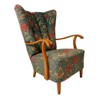 Swedish High Back Lounge Chair With Floral Upholstery, 1950's For Sale