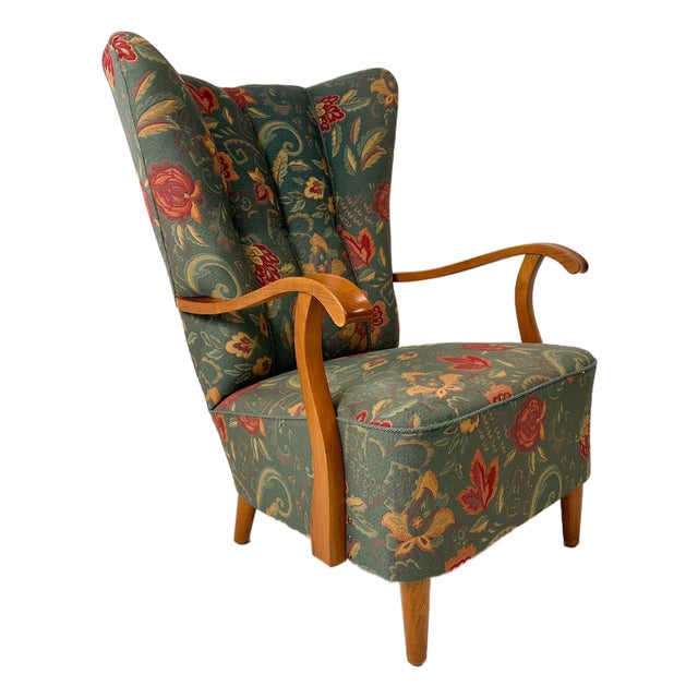 Swedish High Back Lounge Chair With Floral Upholstery, 1950's For Sale