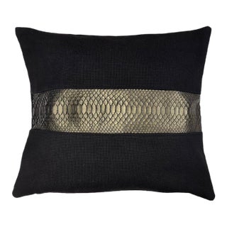 One-of-a-Kind Black Pillow With Green Metallic Snakeskin Accent | Handmade in New York For Sale