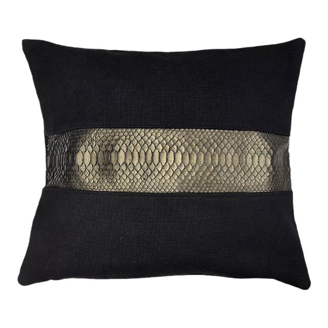 One-of-a-Kind Black Pillow With Green Metallic Snakeskin Accent | Handmade in New York For Sale