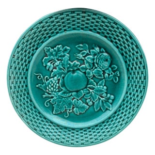 19th Century French Green Fruits & Rose Majolica Plate For Sale
