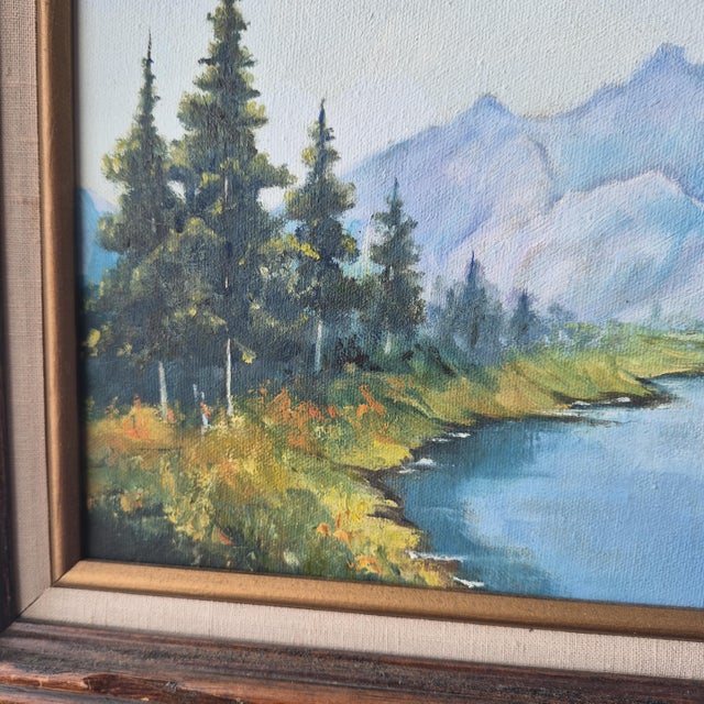 VTG 85' Mountain Lake Landscape Painting on Canvas Signed Original 12x16" Framed For Sale - Image 6 of 16