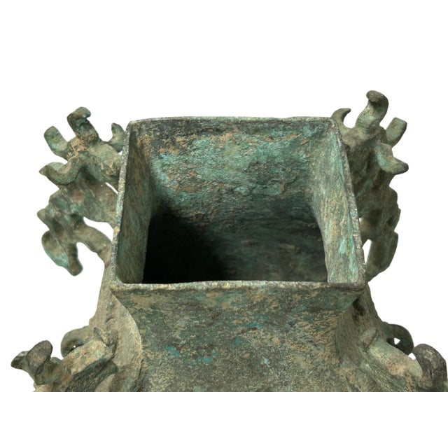 Metal Green Gray Metal Carved Ritual Fengshui Vessel Display Art For Sale - Image 7 of 11