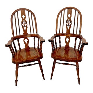 1970s Vintage Solid English Oak Windsor Arm Chairs- Set of 2 For Sale