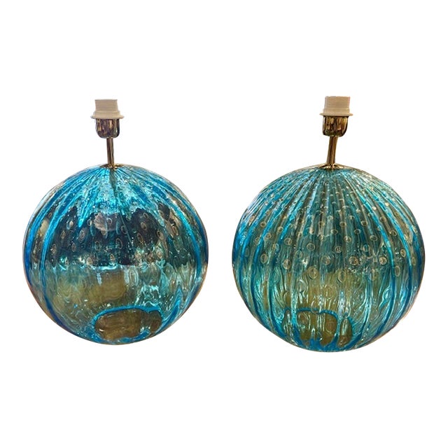 Pair of Murano Glass Globe Lamps For Sale