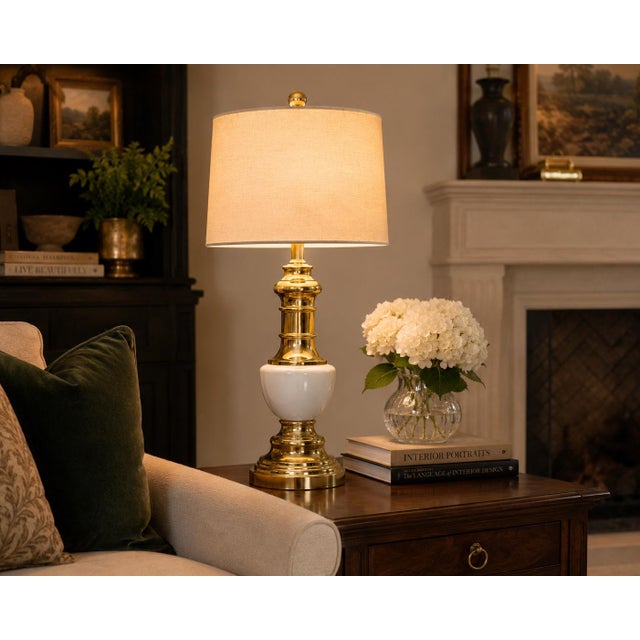 Vintage Polished Brass & White Ceramic Table Lamp With Linen Drum Shade & Oversized Brass Finial For Sale - Image 4 of 4