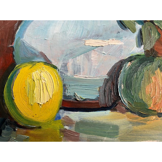 1940s Vintage Oil Painting Still Life With Basket, Fruit, Vase, and Bottle, Unsigned For Sale In Columbia, SC - Image 6 of 9