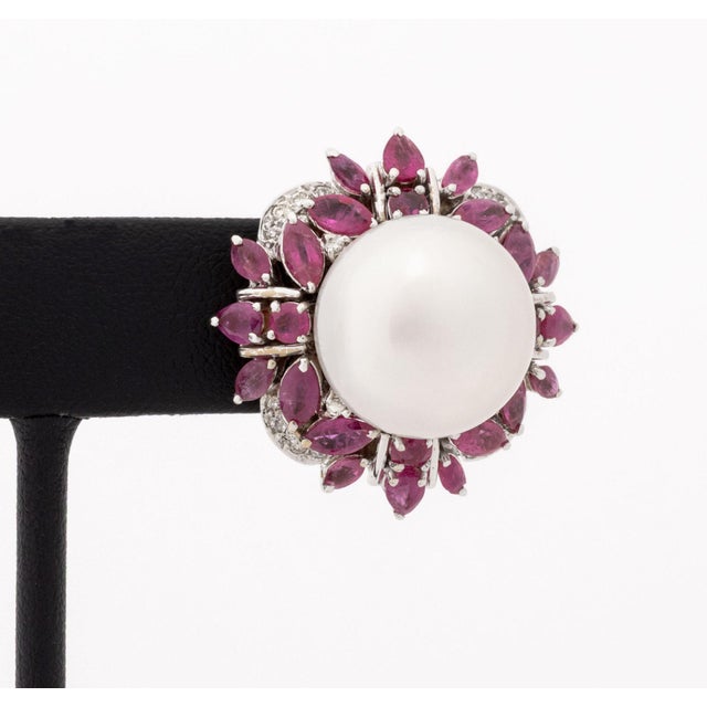 Contemporary Modernist 18k White Gold Diamond Ruby Pearl Earrings For Sale - Image 3 of 8