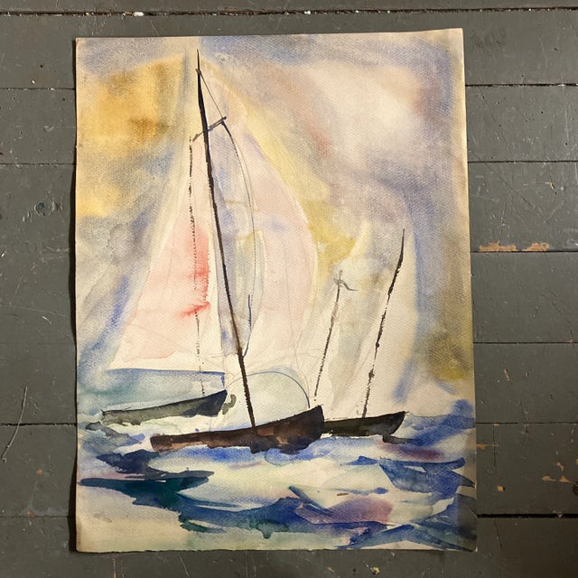 1970s 1970’s Original Abstract Expressionist Sailing Boat Watercolor Painting For Sale - Image 5 of 5