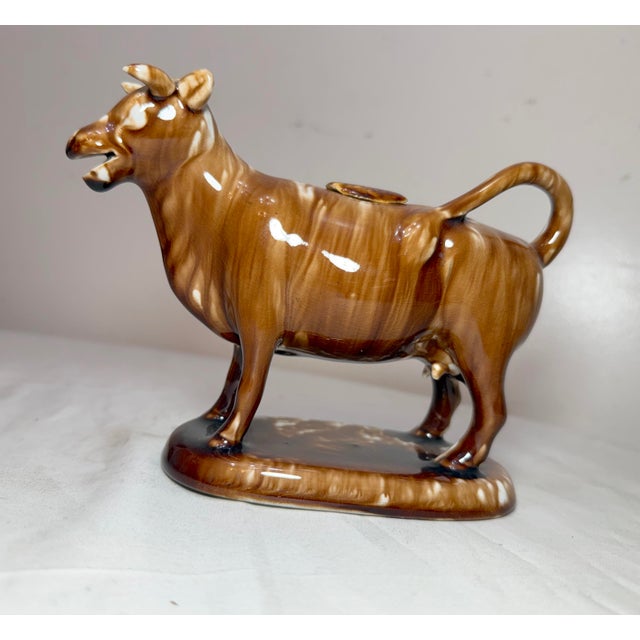 Figurative 19th Century Rare Early Antique Staffordshire Pottery Brown Drip Glaze Cow Creamer Sculpture For Sale - Image 3 of 17