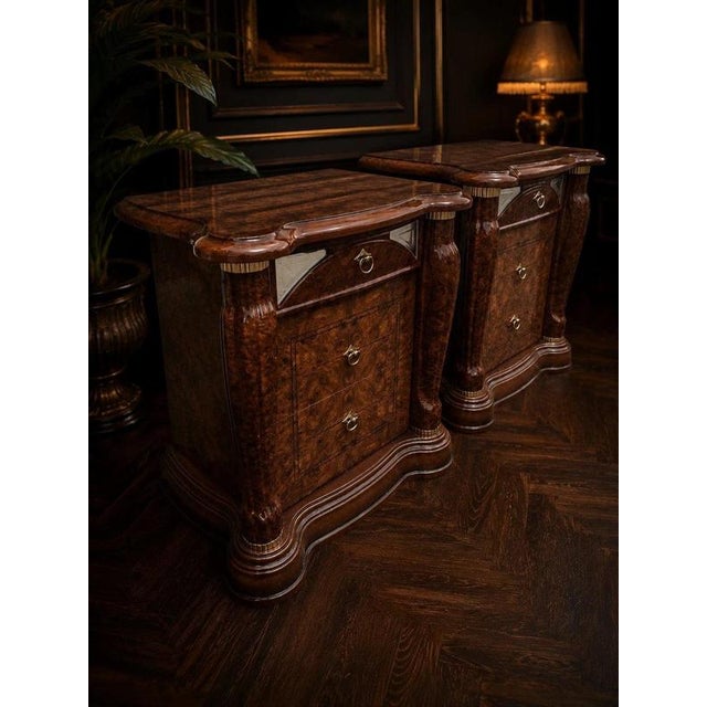 An exceptional pair of large vintage Italian burr walnut bedside cabinets, manufactured by Fulgini Orilio & F.lli S.p.A....