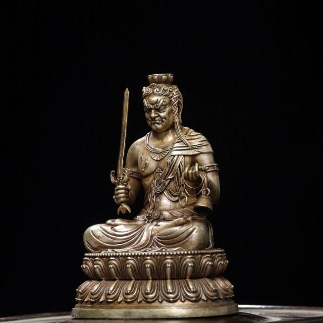 Late 20th Century Vintage Silver-Plated Bronze Acala Statue Buddhist Fudo Myoo Sculpture 3.9" For Sale - Image 5 of 9