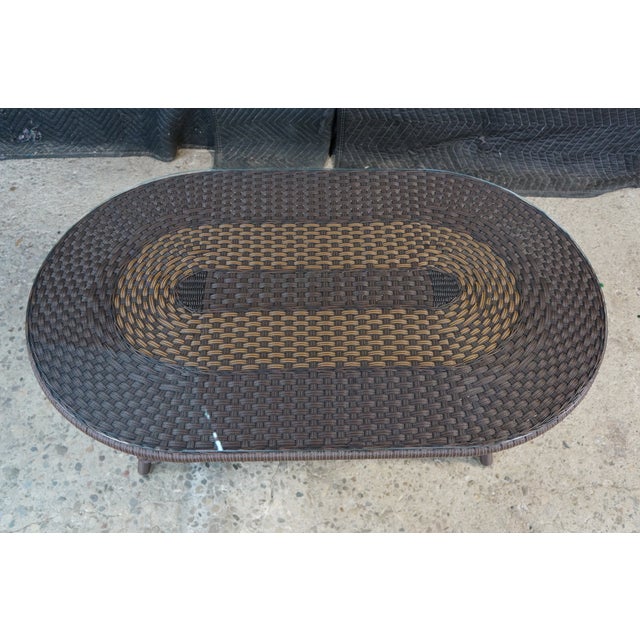 Late 20th Century Lloyd Flanders Oval Wicker Coffee Table Two Tone Patio Table With Glass Top Boho For Sale - Image 5 of 18