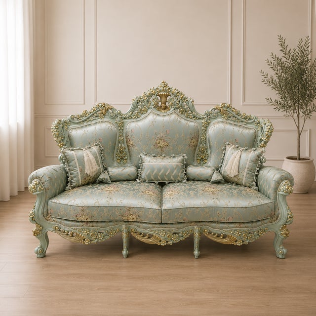 Bring timeless European elegance into your living room with this grand French Rococo-style three-seater sofa, designed to...