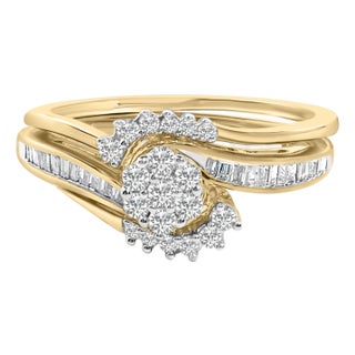 14K Yellow Gold Plated Sterling Silver 1/2 Cttw Diamond Cluster Spiral Bridal Set - Size 7 For Sale