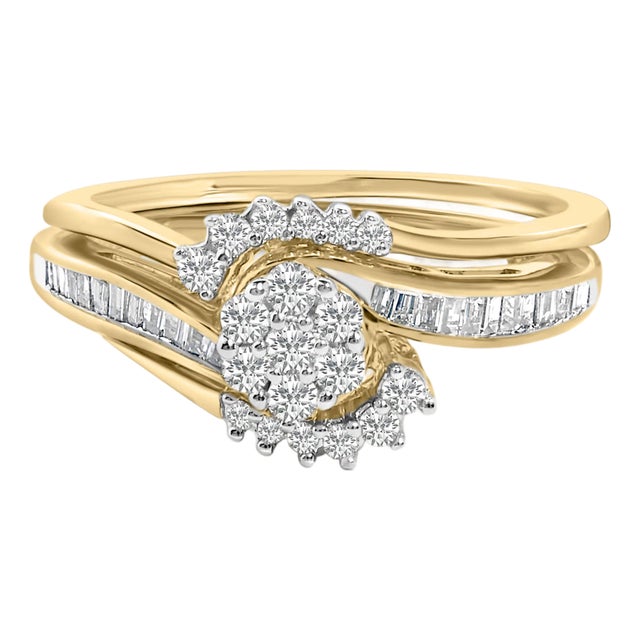 14K Yellow Gold Plated Sterling Silver 1/2 Cttw Diamond Cluster Spiral Bridal Set - Size 7 For Sale