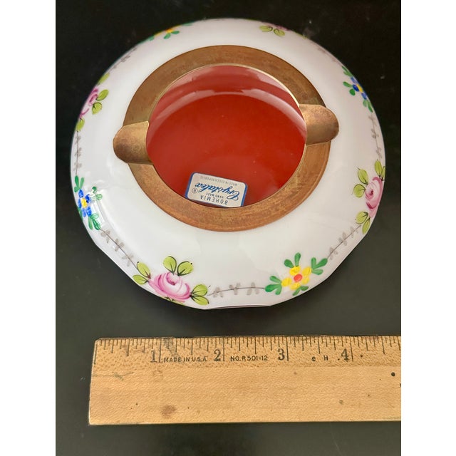 Bohemia Vintage Bohemia Crystalex Art Glass Ashtray White & Pink Floral W/Gold Made in Czechoslovakia For Sale - Image 4 of 7