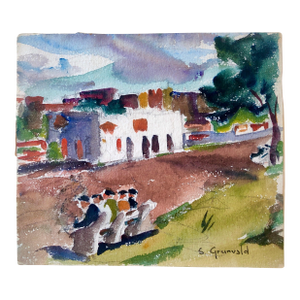 Samuel Grunvald1930's American WPA Modernist New York City Watercolor Painting Harlem River Dr, c.1938