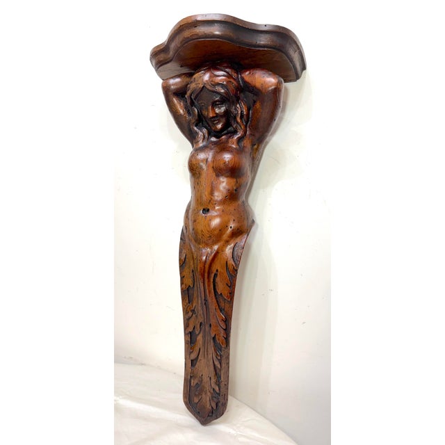 1940s Huge Antique Hand Carved Wood Oak Figural Nude Lady Woman Wall Shelf Sculpture For Sale - Image 5 of 16