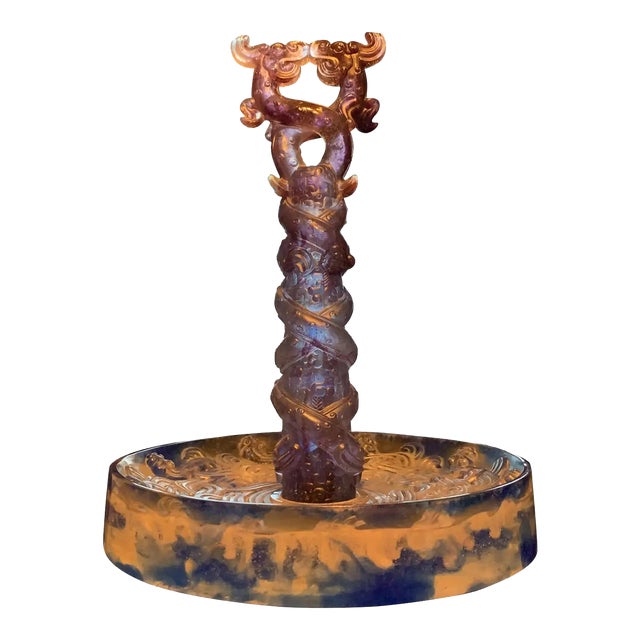 Liuli Fine Art Chinese Glass Sculpture “Holding Up Heaven” Blue and Purple For Sale