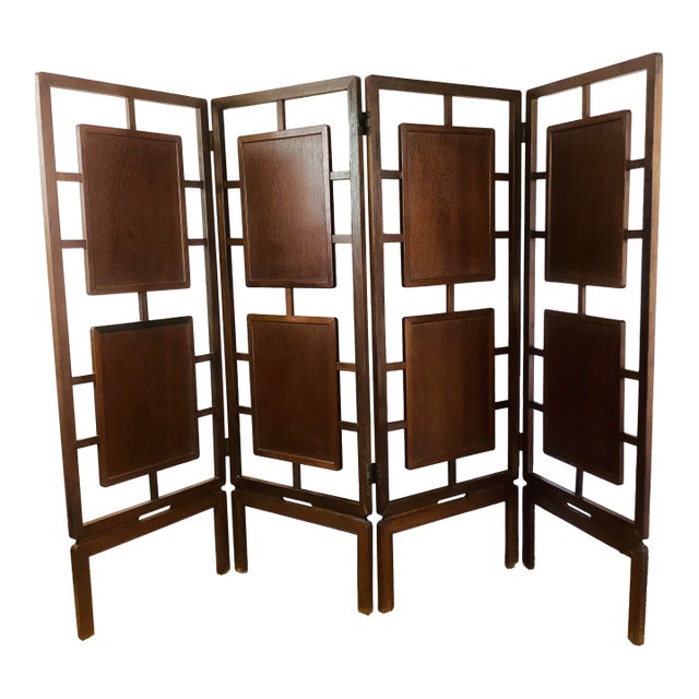 Vintage Art Deco 4 Panel Teak Wood Floating Panel Freestanding Room Divider For Sale