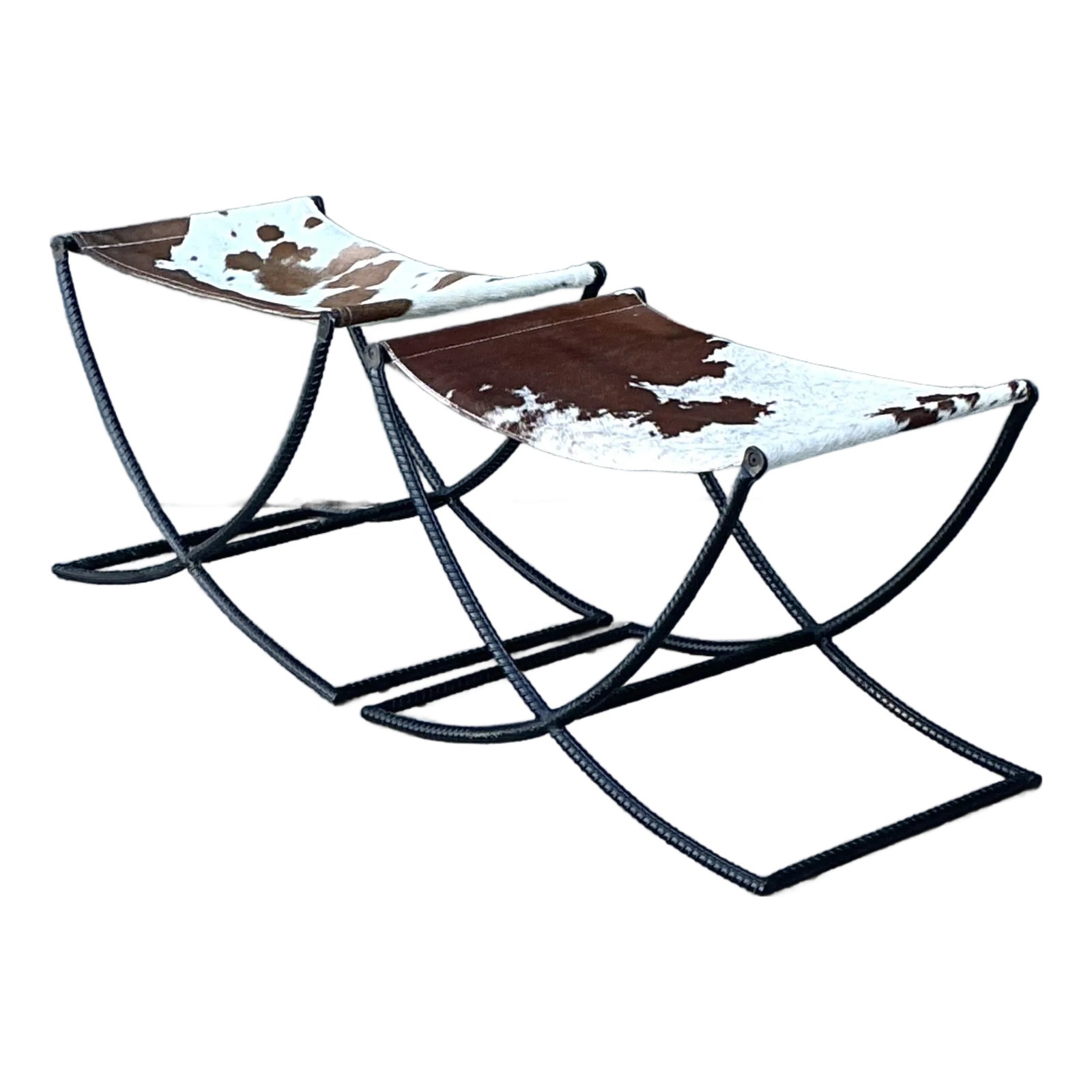 Vintage Rebar Cowhide Sling Benches - A Pair | Chairish
