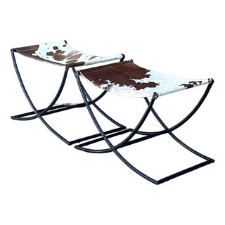 Vintage Rebar Cowhide Sling Benches - A Pair For Sale
