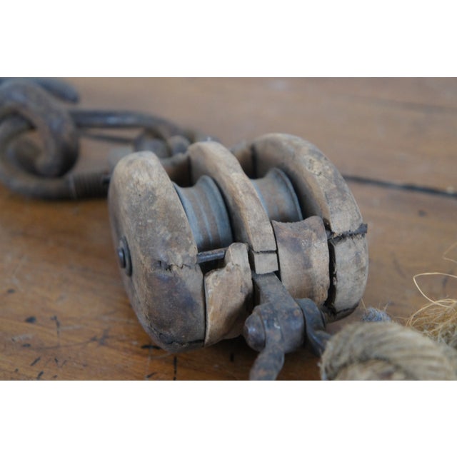 Antique Primitive Industrial Cast Iron & Wood Block Double Pulley Hook For Sale - Image 6 of 12