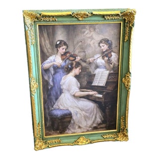 French Rococo Romantic Music Scene Wall Art With Hand-Gilded Gold Leaf Frame in Sage Green Finish For Sale