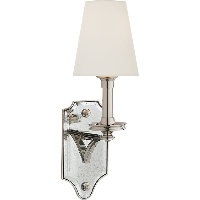 Thomas O'Brien for Visual Comfort Signature Verona Mirrored Sconce in Polished Nickel with Linen Shade For Sale