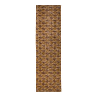 1950s Mid-Century Rug Gold Pink Distressed Hand-Knotted Vintage Art Deco Runner For Sale
