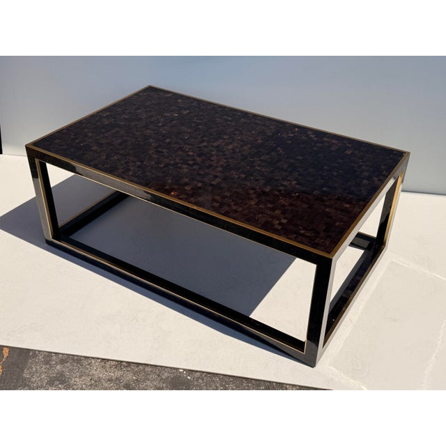 Tessellated polished horn rectangular shape coffee table with brass trim in the manner of Maitland Smith
