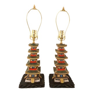 Japanese Pagoda Form Ceramic Lamps - a Pair For Sale