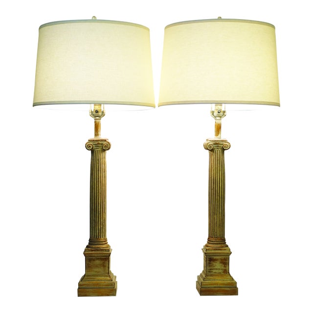 1930s Neoclassical Ionic Column Plaster Table Lamps XL 44" - a Pair For Sale