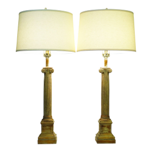 1930s Neoclassical Ionic Column Plaster Table Lamps XL 44" - a Pair
